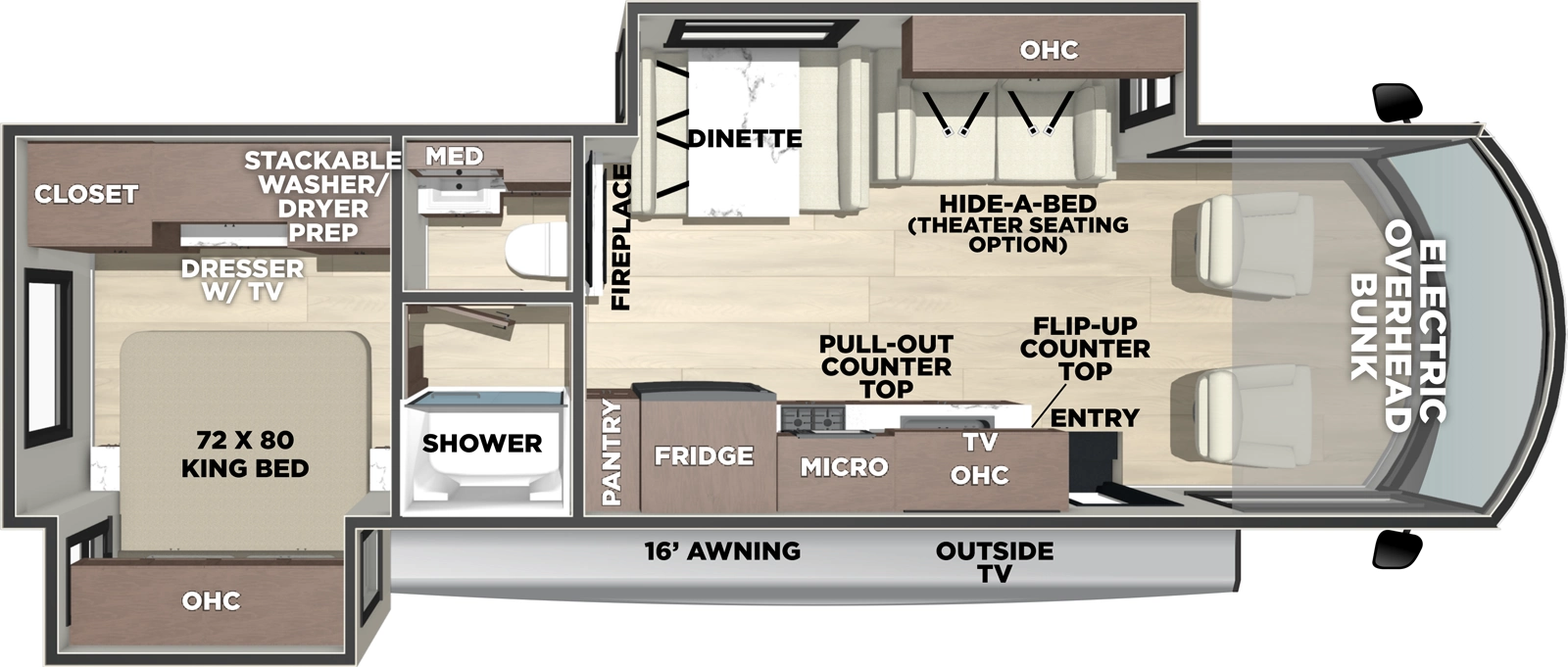 The FR3 30DS floorplan has one entry and two slide outs. Exterior features include: 16' awning. Interiors features include: rear bedroom and bunk over cab.